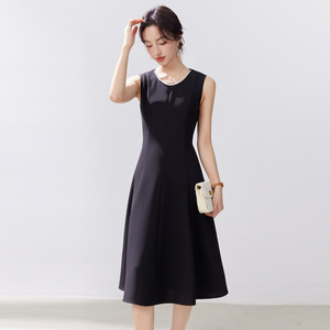 Black French Style Sleeveless Vest Dress A Line Midi Length O Neck Solid Color Simple Anti Wrinkle Daily Wear Plus Size Women's - Product Image 2