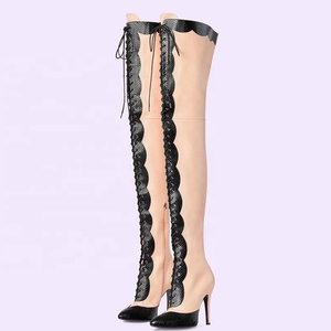 Lace up Patchwork Thigh High <b>Boots</b> Women's Stiletto Over-knee Long Booties Snake Prints Thin Heels Wide Leg Fit Size 45 - Product Image 2