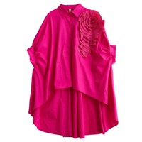 Nouvelle Collection Été 2026 – Chemisier Blanc Oversize à Ourlet Asymétrique, Manches Chauve-Souris 3D Fleur, Grande Taille, Décontracté en Popeline pour Femme – Vente en Gros