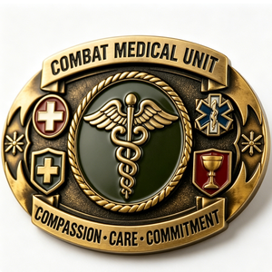 Hebilla de cinturón para unidad médica, emblema de latón chapado en oro, forma irregular, esmalte duro, Compasión, Cuidado, Compromiso - Product Image 6
