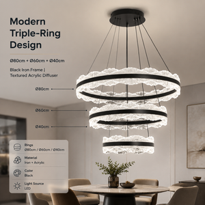 Lustre moderne à trois anneaux, LED tricolore à intensité variable avec télécommande, en fer, hauteur réglable, pour salle à manger, villa et maison - Product Image 2