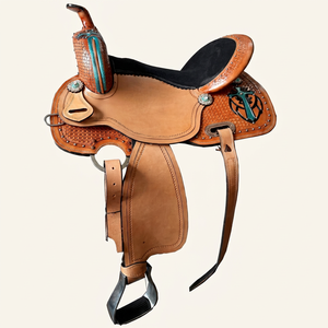 Silla de montar tradicional occidental de cuero repujado – Silla de vaquero con detalles turquesa y estribos - Product Image 1