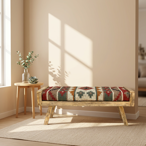 Banco de Yute Kilim Hecho a Mano, Ecológico y Duradero, Banco Otomano Tradicional Cuadrado, Banco de Madera Vintage, Muebles Rústicos para Sala de Estar - Product Image 2