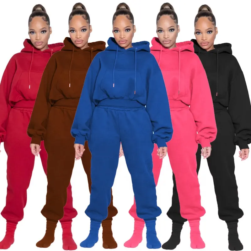 Winter Fashion Sport Sweatshirt And Trousers Set Hoodies 2 Pieces Jogger Suit Set Thick Women's Hooded Sweatsuit