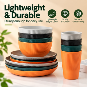 Ensemble de vaisselle en paille de blé 4 pièces Assiette Plat Bol Tasse Incassable Écologique Stocké Style américain Résistant à la décoloration Camping - Product Image 4