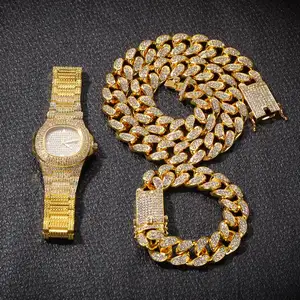 Hip Hop personalizado clásico 18K chapado en oro Iced Out Cuban Link cadena collar pulsera diamante reloj caro conjunto de joyas - Product Image 1