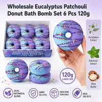 Ensemble de bombes de bain effervescentes en forme de donut à l'eucalyptus et au patchouli, 6 pièces, faites à la main, avec des paillettes violettes et bleues, OEM ODM, étiquette privée