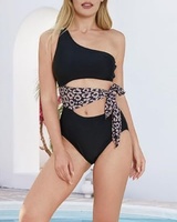 Maillots de bain deux pièces imprimé léopard à une épaule avec ceinture à nouer pour femmes, maillots de bain pour enfants, shorts de bain pour hommes, maillots de bain assortis pour la famille