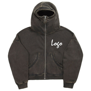 High Street Loose Casual Retro <b>Full</b> <b>Zip</b> <b>up</b> <b>Hoodie</b> Custom <b>Over</b> <b>Face</b> Fleece Heavy Weight Cotton Washed Vintage Zipper <b>Hoodie</b> - Product Image 2