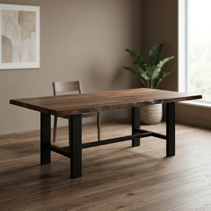 Table à manger de luxe en bois de noyer massif avec bord naturel, pieds en bois, design moderne, plateau rectangulaire 6 places pour mobilier de maison - Product Image 1