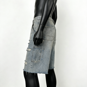 Shorts en jean vintage 100 % coton, peints à la main, effet vieilli, délavage léger, fermeture éclair en cristal, style streetwear - Product Image 3