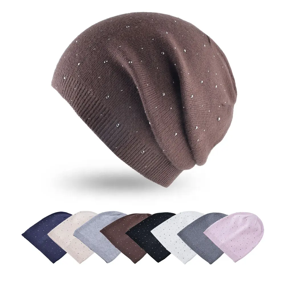 Gorro de malha lisa de lã fina com strass para decoração de chapéus unissex chapéus de inverno desleixados