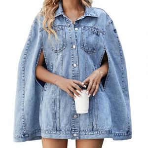 Single Breasted <b>Cape</b> Denim Coat <b>Women</b> Spring Fall Fashion Vintage Pockets Loose for Wash Casual Streetwear - Product Image 3