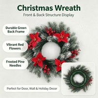 Karangan Bunga Natal Buatan 38cm dengan Poinsettia Merah & Hiasan Buah Berry, Cabang Pinus, Dekorasi Gantung Pintu & Dinding untuk Liburan