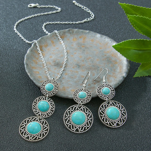 Bohemian <b>Necklace</b> And Earring <b>Set</b> Turquoise Stone Alloy Antique <b>Silver</b> Plated Women's Jewelry Party Fashion - Product Image 1