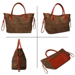 Großhandel Unbedruckte Leopard-Tote-Tasche Gepard Damen-Handtasche mit braunem PU-Ledergriff DOM111388