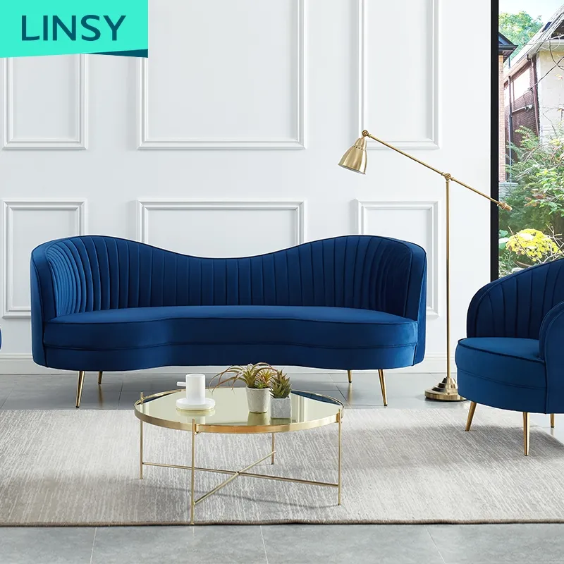 Linsy Set Sofa Beludru Biru Mewah, Set Kursi Kain Emas Modern 3 Tempat Duduk Perabotan Sofa Ruang Keluarga Joym225