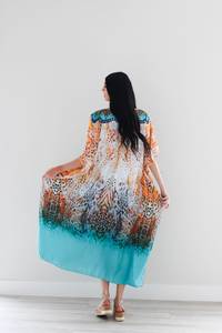 Boho Maxi <b>Dress</b> Women Floral Print Cotton Loose Fit Half Batwing <b>Sleeve</b> Scoop Neck <b>Summer</b> Casual Wear Kaftan <b>Dress</b> For Women - Product Image 4