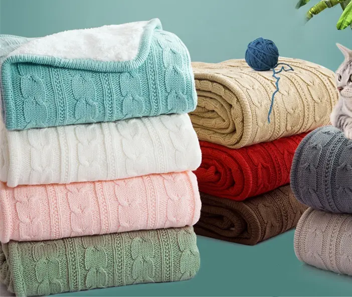 Cotton Throw Blanket Wholesale 100% Cotton Linen Throw Rockwool Yarn Dyed Oversized Bedding Baby Throw Warming Knitted Blanket