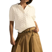 Jersey de punto de algodón con cuello en V y solapa sólida cómoda para mujer, jerséis informales de manga corta, Tops, ropa suave de diseño clásico