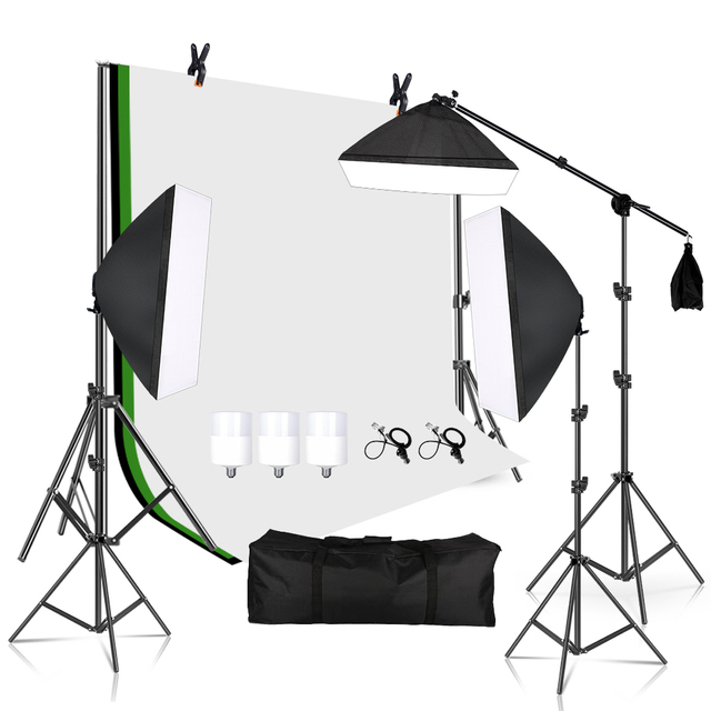 Photography Studio 2x2M Stand 20W Lighting Kits Photo Green Screen 1.6X2M Muslin Backdrops Aluminum Alloy Accessories