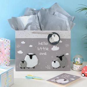 Hello Little One Gift <b>Bag</b> With Card And Tissue Paper Grey Sheep Baby Shower 16 Inch Extra Large - Product Image 2