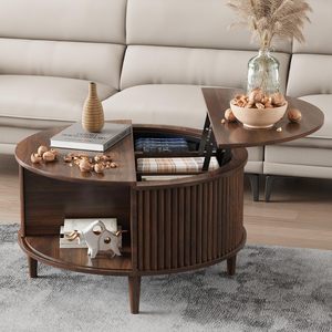 <span class=keywords><strong>Mesa</strong></span> de Centro Moderna Redonda de Madera de Nogal Oscuro <span class=keywords><strong>con</strong></span> Tapa Elevable y Almacenamiento, <span class=keywords><strong>Mesa</strong></span> de Salón <span class=keywords><strong>con</strong></span> <span class=keywords><strong>Estante</strong></span> - Product Image 1