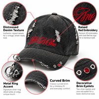 Casquette de baseball en sergé déchirée et vieillie, personnalisée en usine, avec broderie 3D 'Be Mine', œillet métallique, anneau en O et ornement en strass, réglable