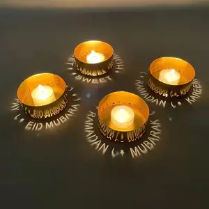 金属奉献蜡烛罐穆斯林开斋节中东风格奢华金色圆形金属烛台3D图案