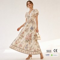 Robe longue en viscose pour femme, coupe trapèze évasée, manches bouffantes, imprimé floral Jardin Impérial, style romantique russe, personnalisable avec logo OEM