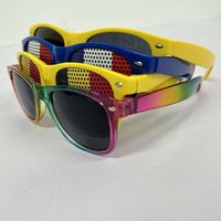 Boîte à lunettes de soleil promotionnelle de marque, autocollant trou d'épingle, sans verres, logo personnalisé, variété de montures, bleu, blanc, or, transparent, rouge, jaune, prix