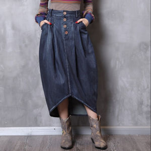 Style Vintage Bouton Up Ballon Falfalda Asymétrique Ourlet Puffy Midi Jupes Femmes Denim Bleu Jupe - Product Image 5