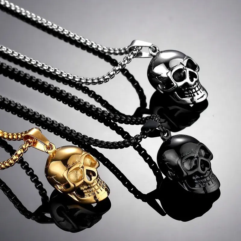 Vintage Gold Color Black Hip Hop Statement Necklaces Men Male Boho Jewelry Punk Stainless Steel Skull Chain Pendant Necklace