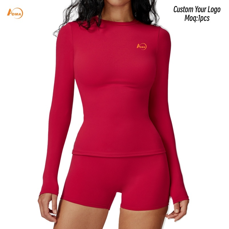 Aoyema Sportswear Women's Long-sleeved Yoga Fitness Suit Slim-fit Crew Neck Moisture Wicking Sweat-Wicking Yoga Outdoor Shirt