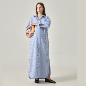 Robe chemise maxi décontractée pour femme enceinte, à rayures, col en V, boutonnée, manches longues, coupe ample et oversize - Product Image 4