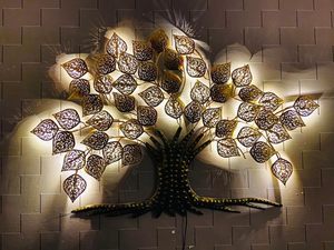 Metal <b>Tree</b> With <b>Lighting</b> Leaves Golden Iron 3D Hanging Sculpture Metal Wall Decor for Living Rooms With Yellow Shade <b>Lighting</b> - Product Image 5