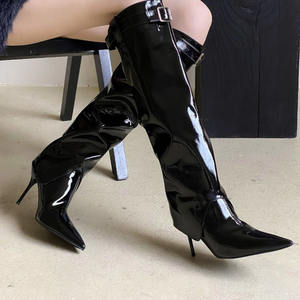 Bottes hautes en cuir verni à talon aiguille et bout pointu pour femme, style européen et américain, avec bride à boucle, non montantes au-dessus du genou, type bottes d'équitation - Product Image 3