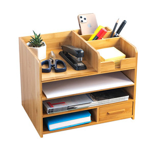Organizador de escritorio de bambú de varias capas con divisiones para almacenamiento de oficina y soporte para documentos, tipo rectangular. - Product Image 1