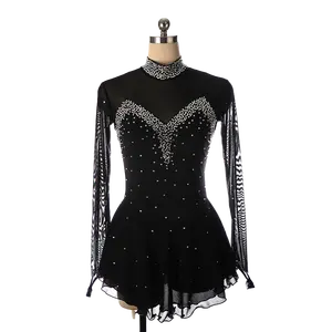 花样滑冰服装女孩女子滑冰比赛服装黑色表演装青少年训练舞蹈服装