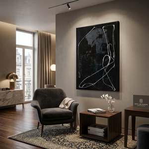 Handmade Abstract Black Oil Painting on <b>Canvas</b> Minimalist Line <b>Wall</b> Art Modern Contemporary Artwork for Living Room Home Decor - Product Image 2
