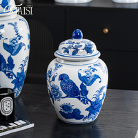 Pot à gingembre en porcelaine bleue et blanche, décoratif avec des oiseaux jaunes, pots de rangement en céramique, vase chinois antique pour la décoration de la maison