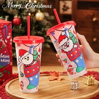 Nouvelle Arrivée 2026 en Stock : Tasse de Noël 24oz en PP à Changement de Couleur avec Couvercle et Paille pour Cadeau Promotionnel de Fêtes