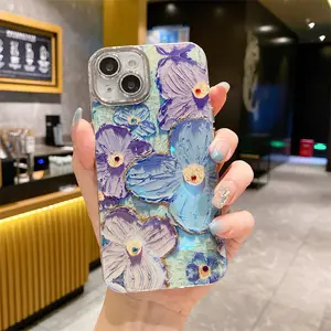 Ins Oil Painting Spot Drill Flower Glitter Lens Protector for Iphone15 14promax Phone Case 13 New