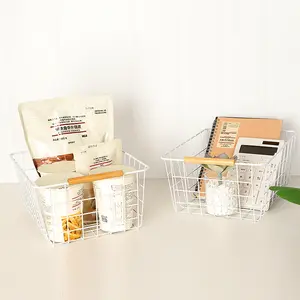 Japanese Style White Rectangle Wire Storage Baskets Organizer for Snack Fruit with Wood Handle