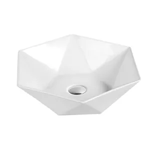 Competitive price high quality hexagon porcelain bathroom vanity sink glossy white counter top lavabo hand wash art basin