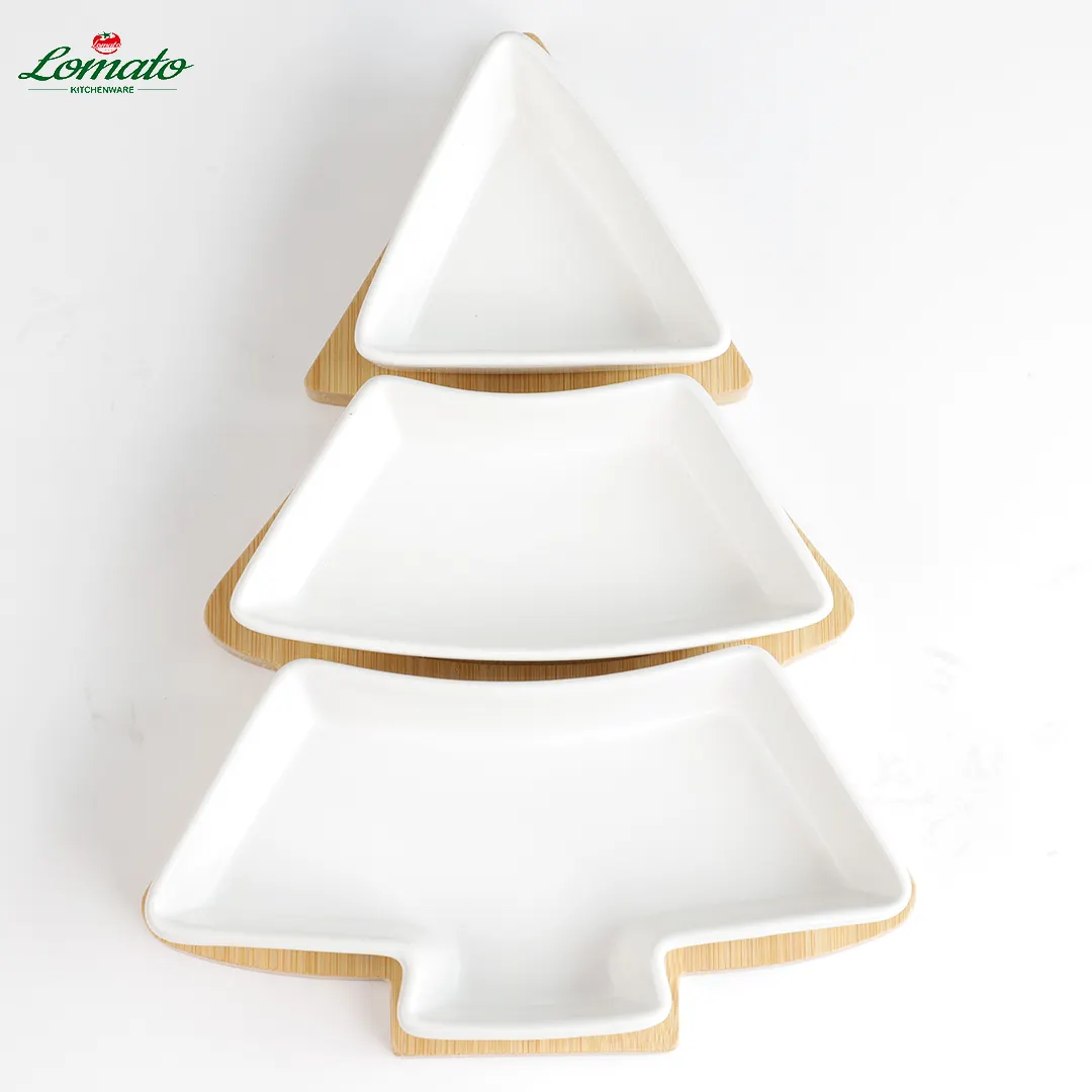 holiday gift wooden Christmas tree bamboo appetizer snack serving tray with removable ceramic plate for Restaurant Home