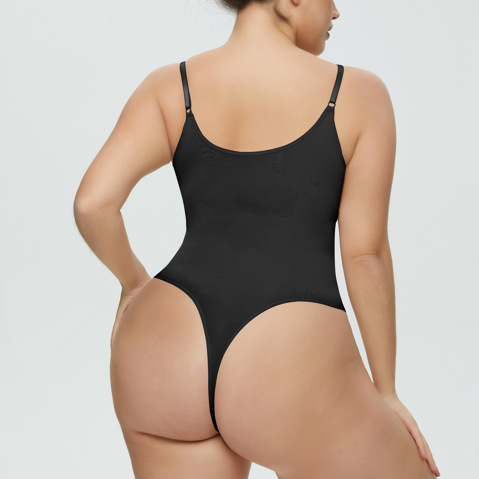 Seamless Plus-Size Tummy-Control Thong: back view showing seat coverage and shaping construction