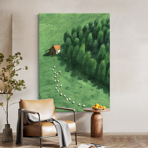 Pintura al óleo de paisaje de pradera verde y bosque, arte de pared pintado a mano estilo impresionista para decoración de entrada de sala de estar - Product Image 4