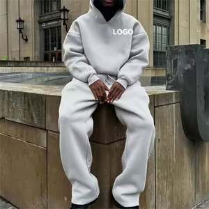 Nueva llegada de los hombres de algodón Casual de peso pesado de gran tamaño pulóver con capucha pantalones de chándal holgados personalizado liso chándal estampado de los hombres - Product Image 1