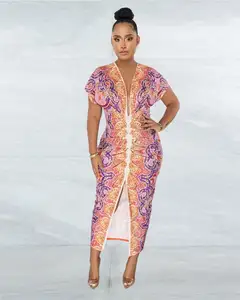 드레스 깊은 V 넥 맥시 민족 캐주얼 짧은 소매 여름 인쇄 슬릿 긴 드레스 여성